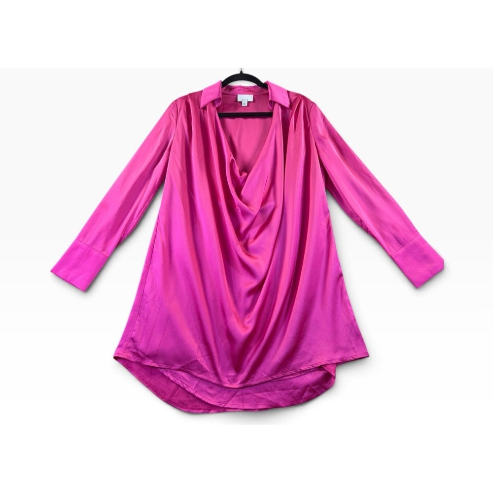 Olia Hot Pink Draped Satin Shirt Dress Size Small